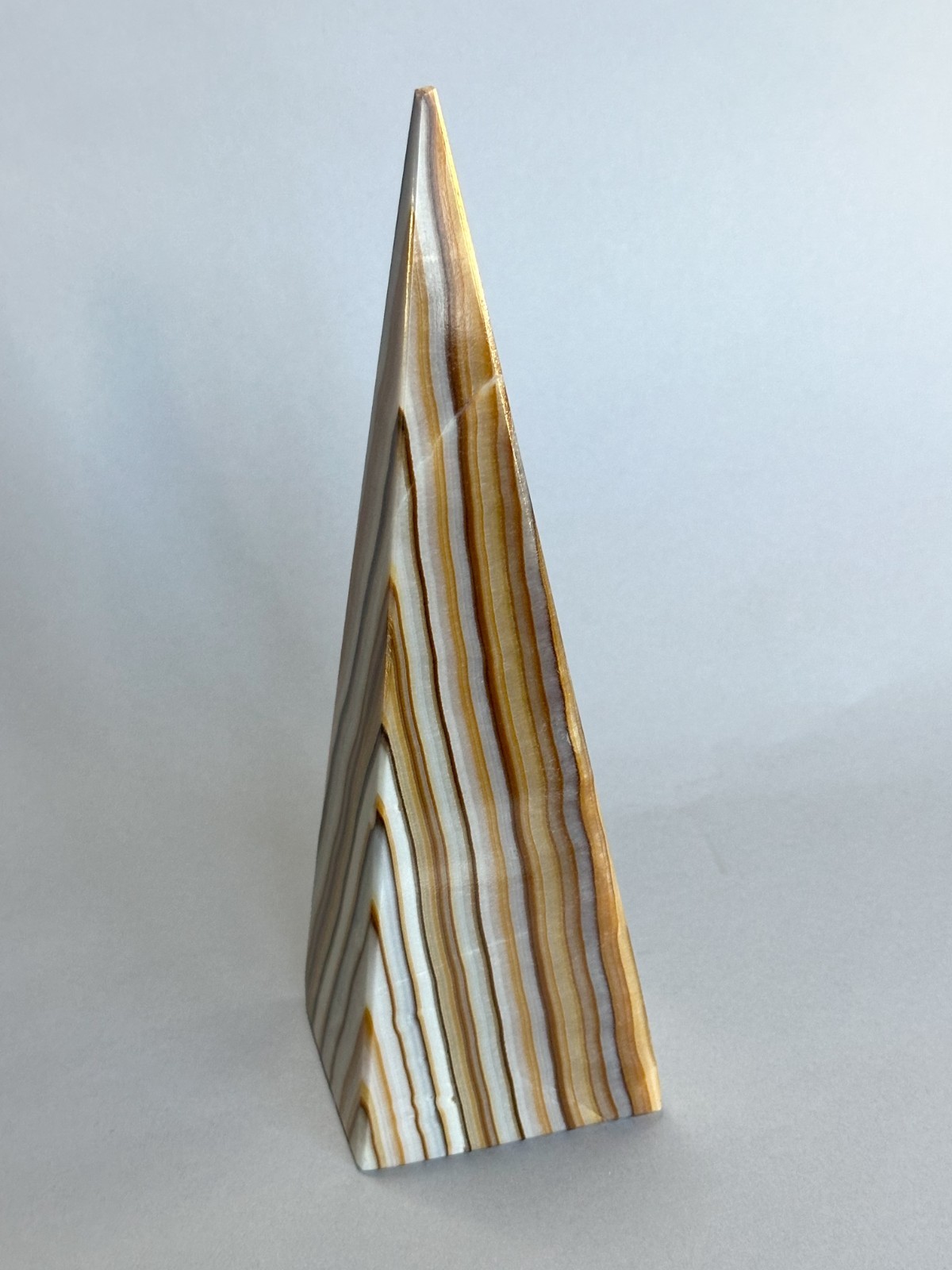Stunning Rare 9 in. Banded Onyx/Calcite Obelisk Pyramid Stone