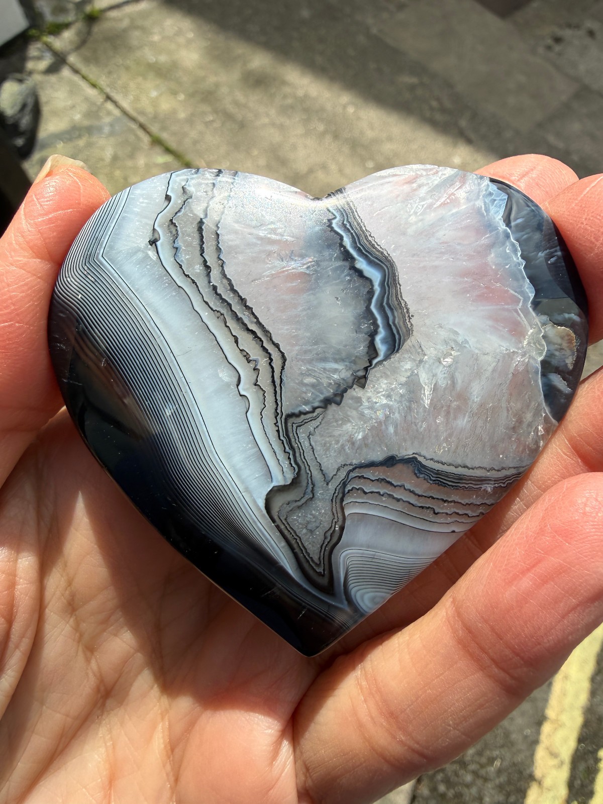 Black and clear banded Botwana Agate Natural Crystal Heart Polished Success 83g