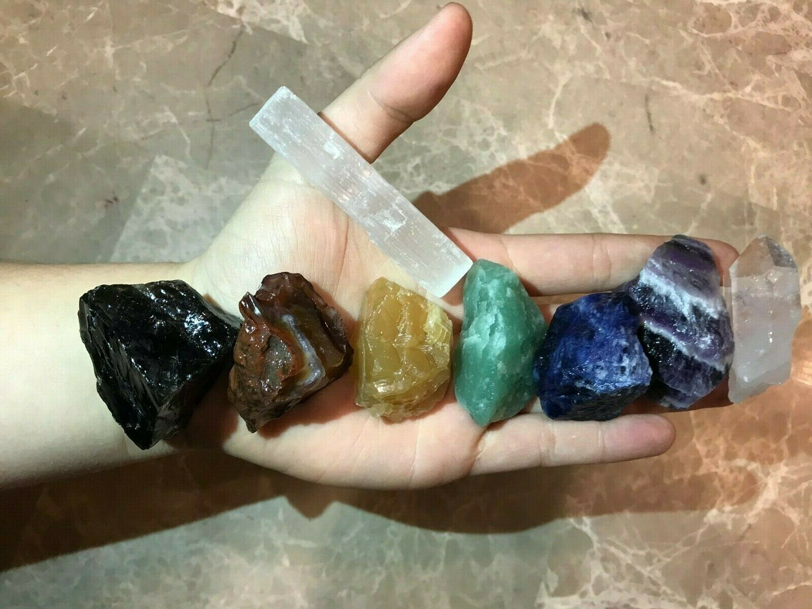 Large Chakra Stones Set: 7 Rough Crystals & Raw Selenite 3/4 Lb+ (CHARGED ROCKS)