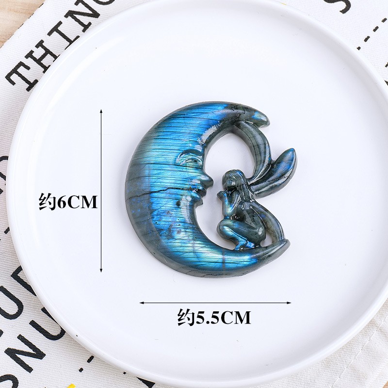 Natural Crystal Blue Light Moonstone Nine Tailed Fox Rose Ornament