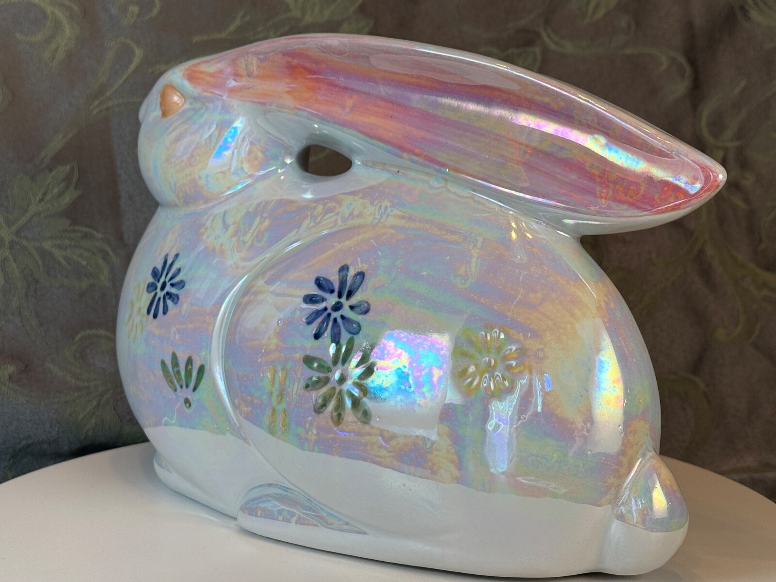 Ceramic White Iridescent Rabbit with flower decor on sides 9.5″ x 7″