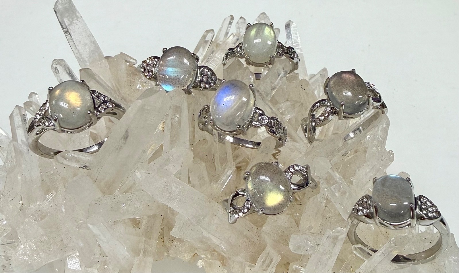 Wholesale 7 Pcs Natural Labradorite Stainless Steel Rings(316) Crystal 8x10mm
