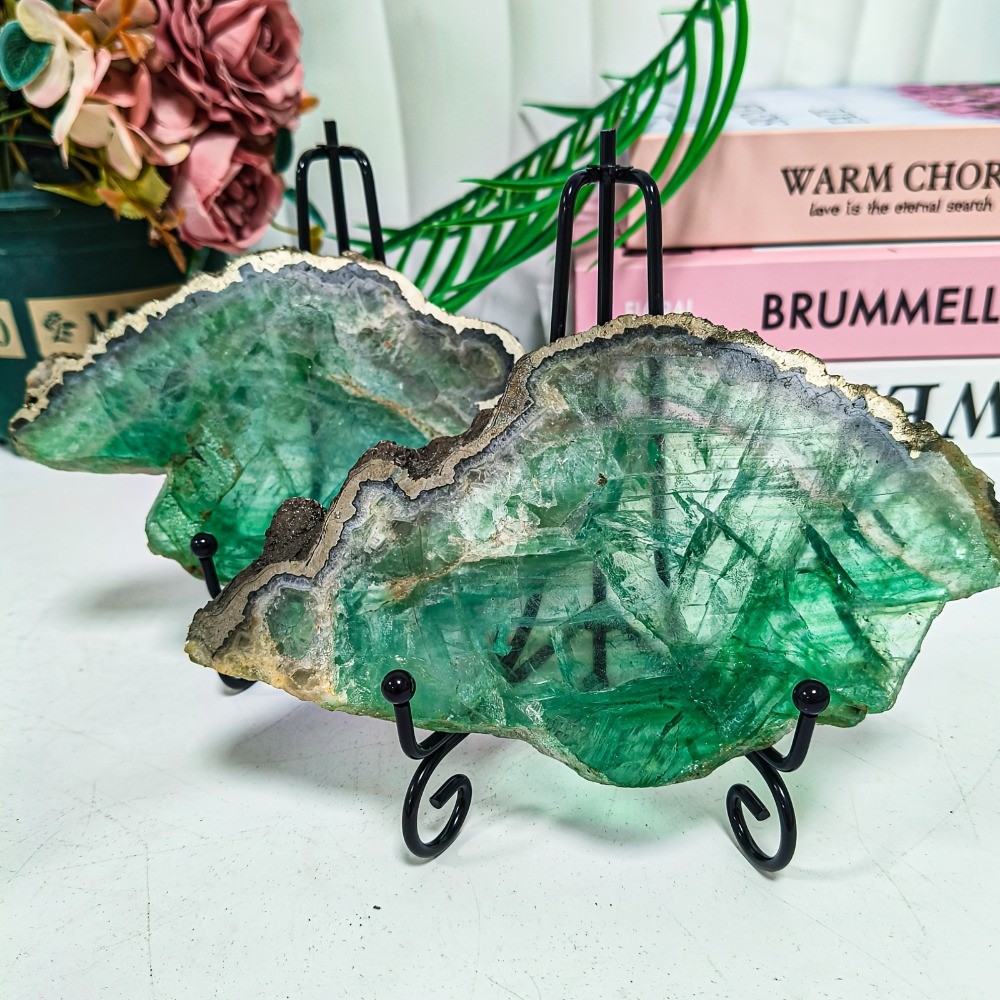 Rare Green Fluorite-Pyrite Slice Crystal Slab Quartz Mineral Healing Gift Decor