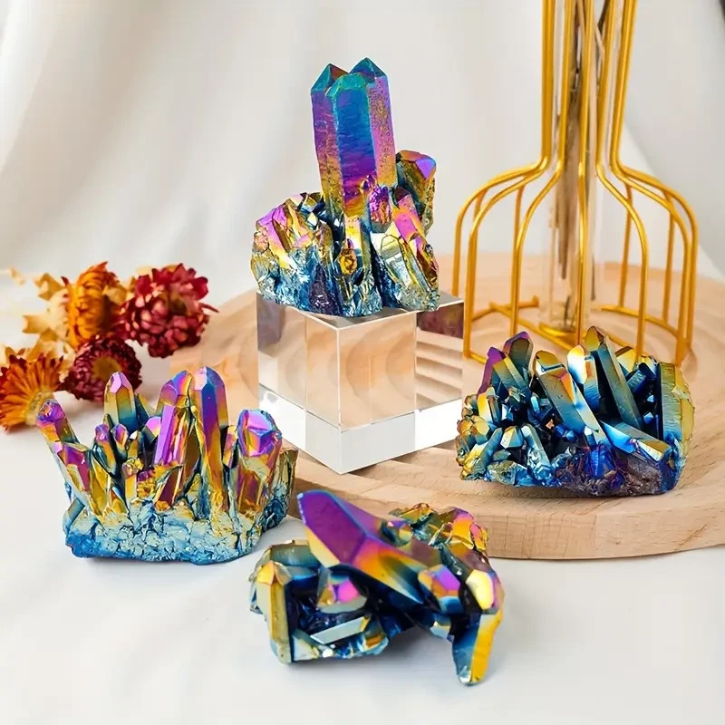 Rainbow Titanium Aura Quartz Crystal Multicolor Cluster Healing Gift Home Decor