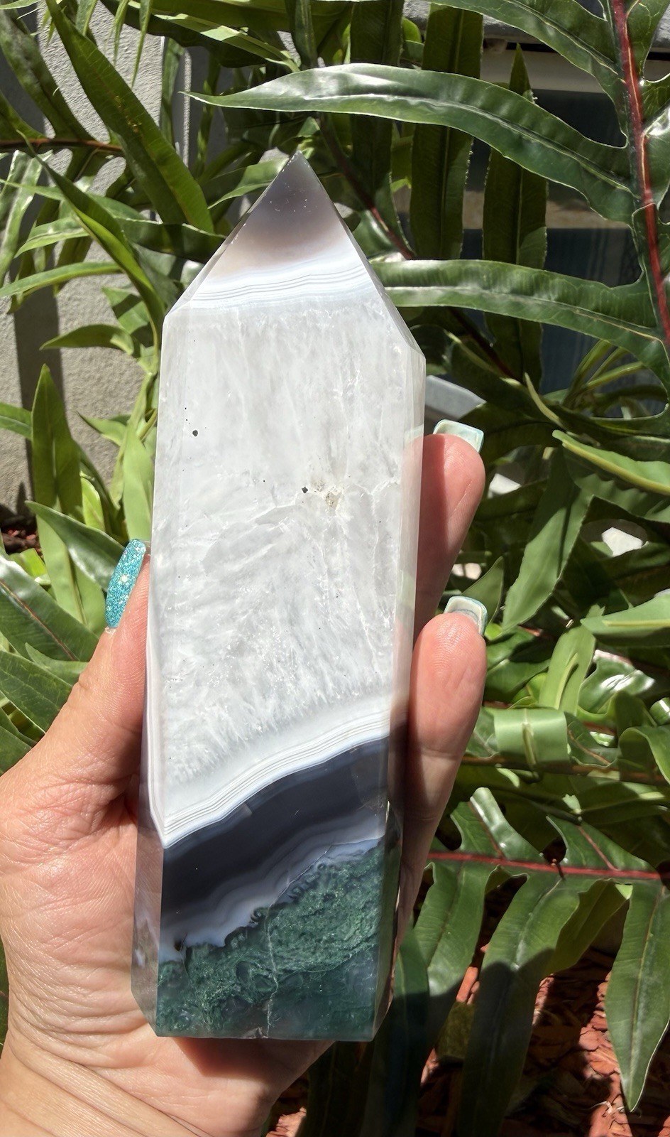 Large Natural Moss Agate in Quartz Crystal Tower White Plume Green Moss 6”