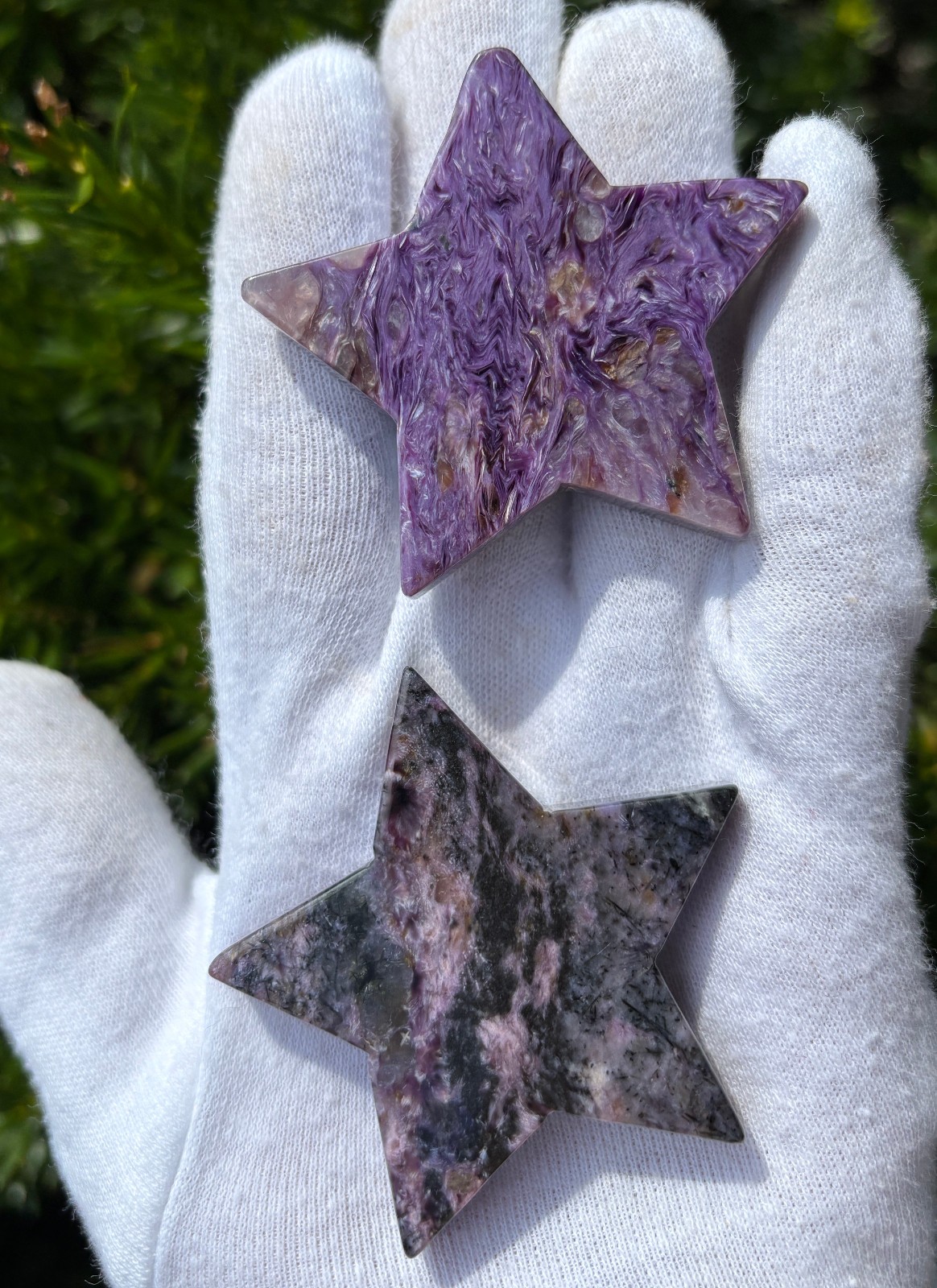 USA SALE 61g LOT 2 CHAROITE STARS STAR PALMSTONES PALMSTONE Palm Stone Stones