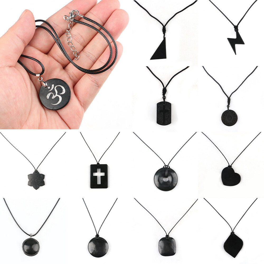 Shungite Stones Crystal Necklace Rope Pendant Reiki Healing Protection EMF Gift