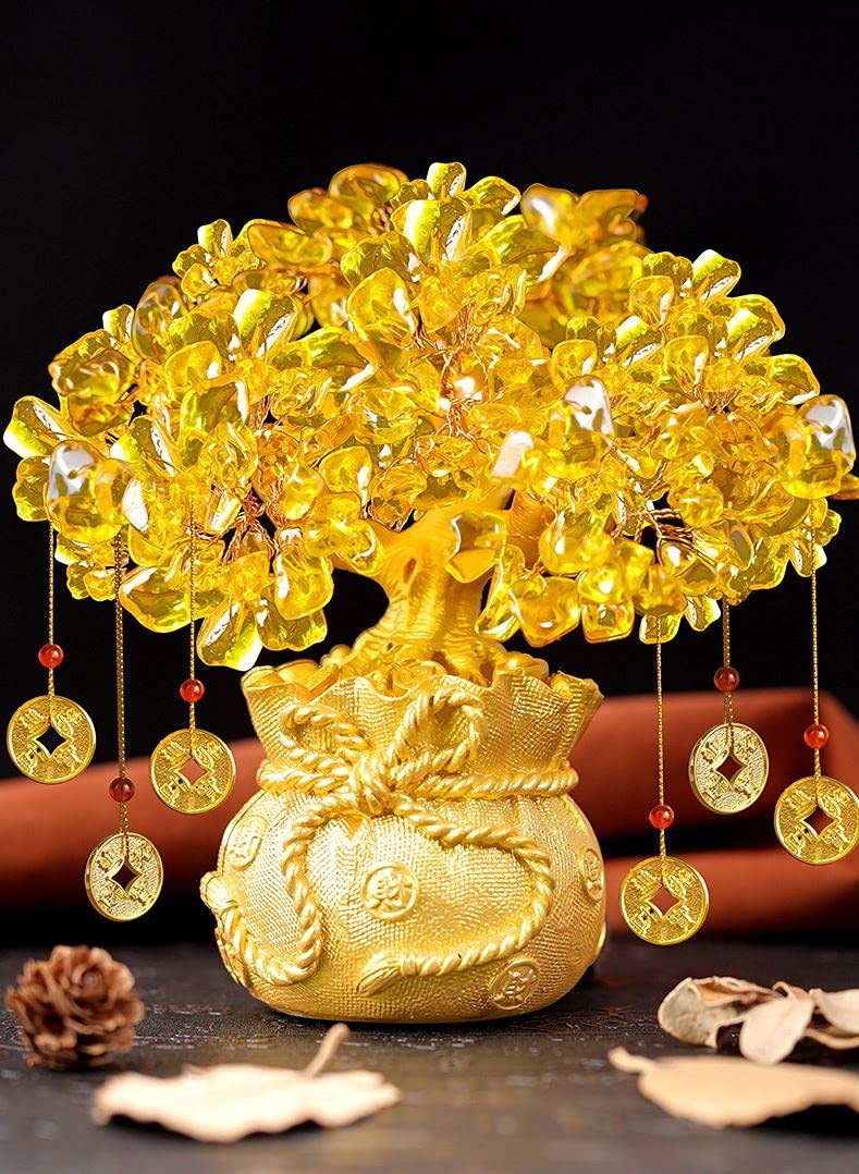 Feng Shui Crystal Money Tree with Dragon Pot Citrine Tree Hangs Lucky Cold Coins