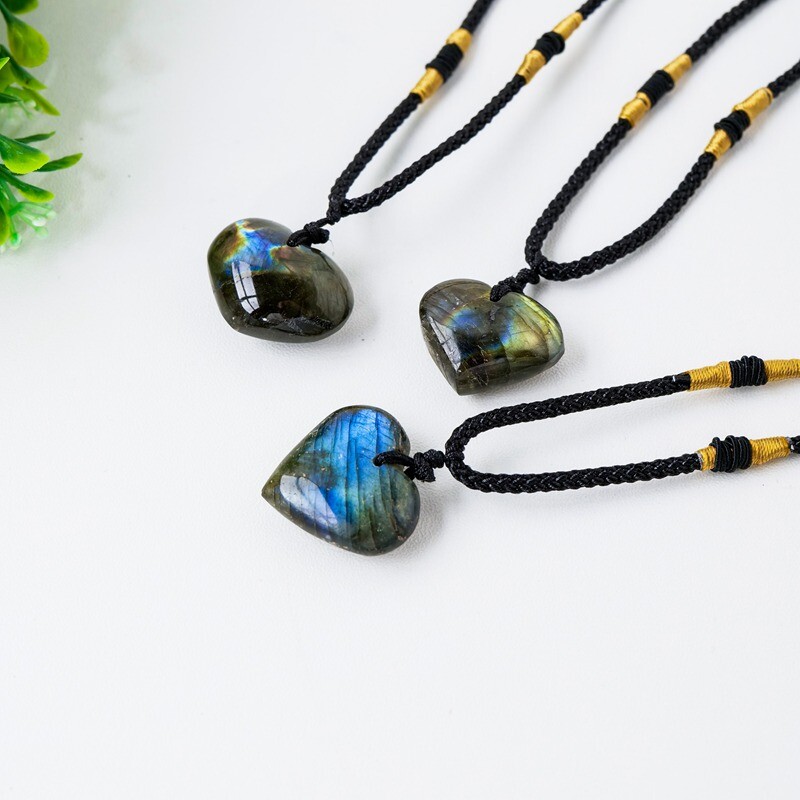 Natural Labradorite Heart Shaped Pendant Chakra Quartz Crystal Necklace Reiki US