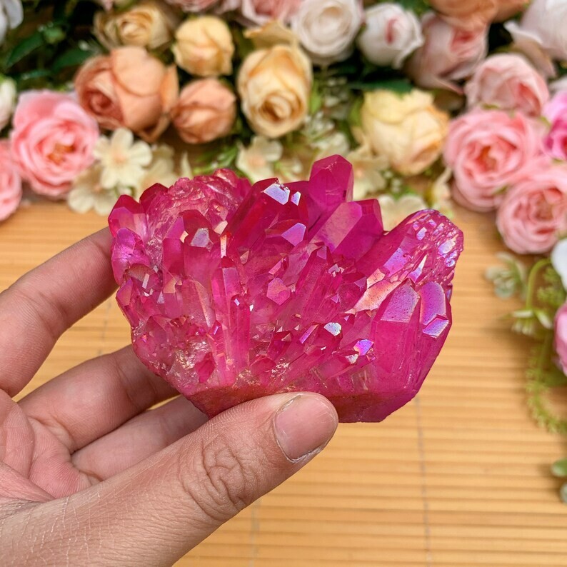Aura Angel Pink Cluster Titanium Geode Quartz Healing Crystal Mineral Ornament