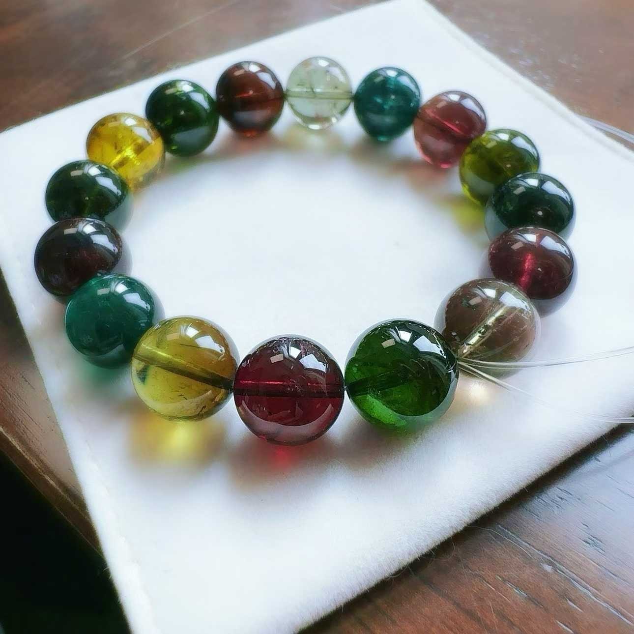12mm Natural rainbow tourmaline quartz Beaded Bracelet Gemstone Stretch Bracelet