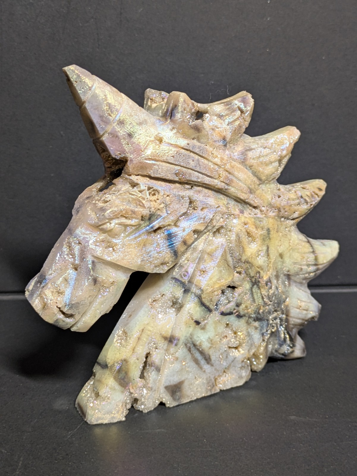 Aura Sphalerite Crystal Unicorn Carving Shiny Blue Purple Pink Gold With Druzies