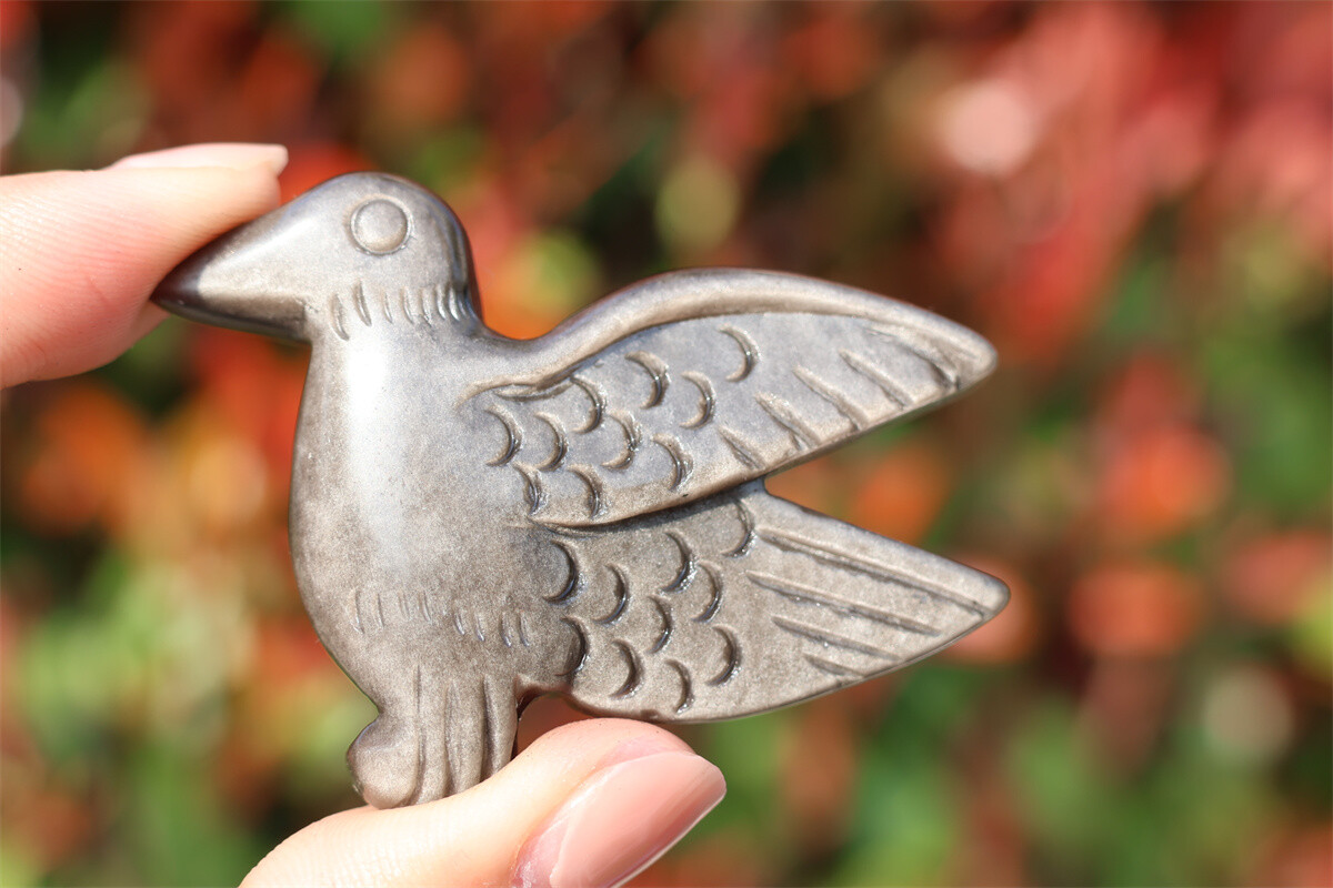 2.3” Hand Carved Natural Silver obsidian Hummingbird Crystal figurine gift 1x