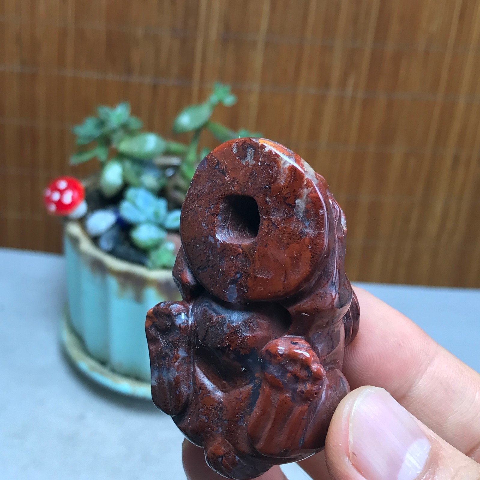 Natural bloodstone carve Rabbit & Copper Coin Figurine, Feng Shui Wealth Luck 82