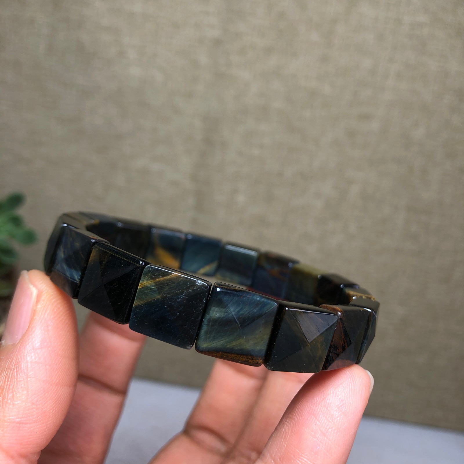 Rare Natural yellow blue tiger eye Crystal chain aspect beads bracelet 26g A4757