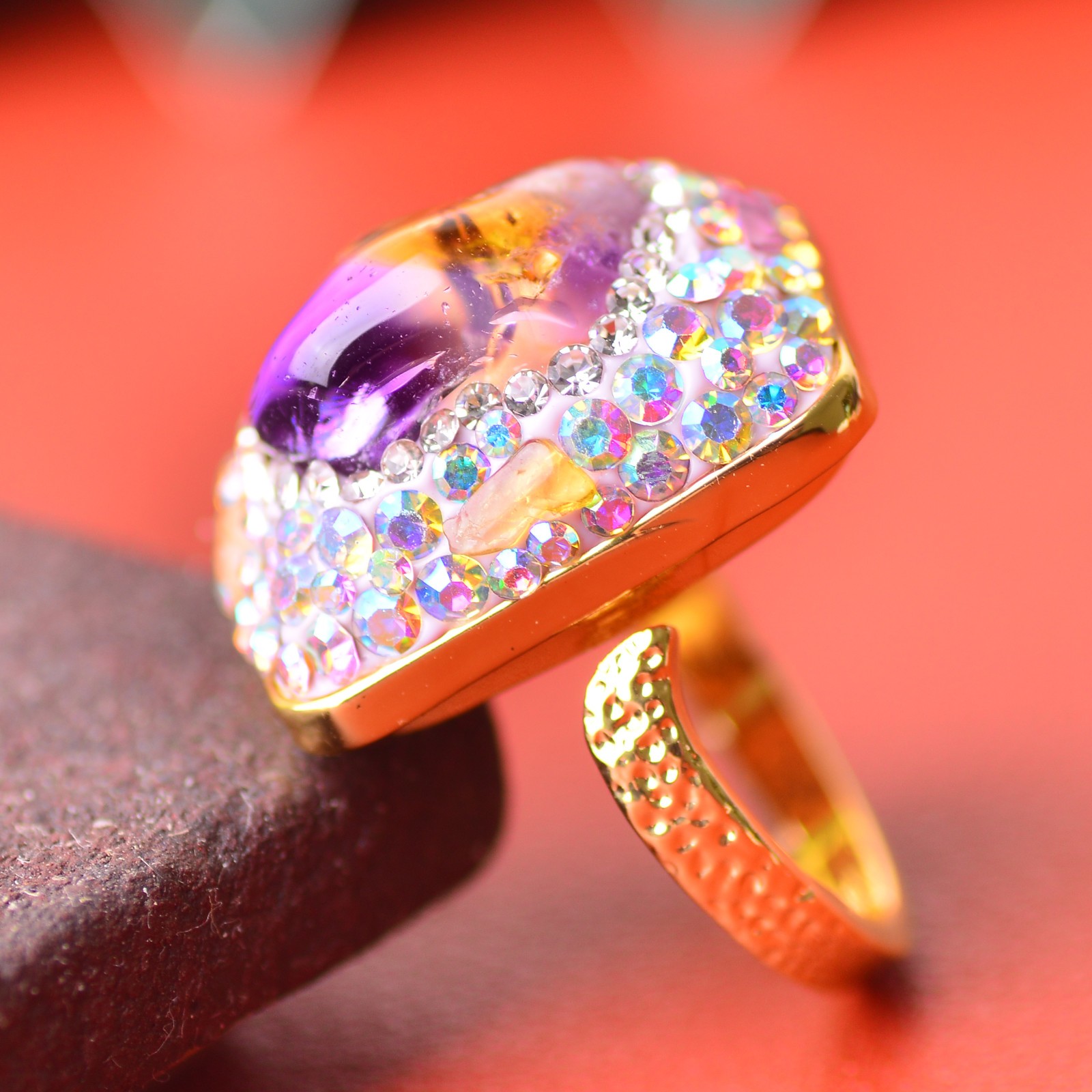 Amethyst and citrine ring, alloy inlaid with handmade gemstone Energy Crystal