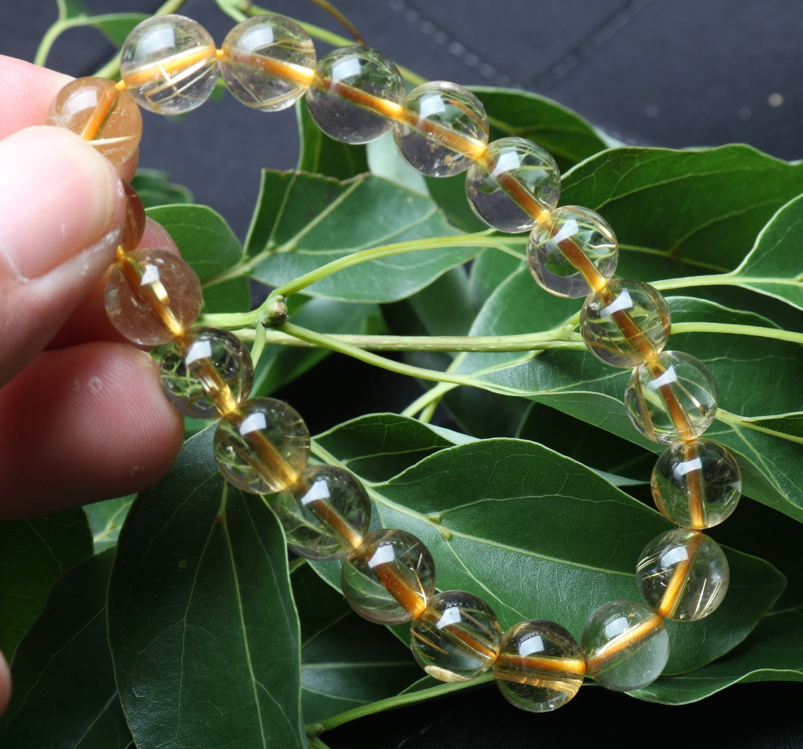 25.2g Rare Natural Clear Gold Rutilated Quartz Crystal 10mm Round Bead Hand cate