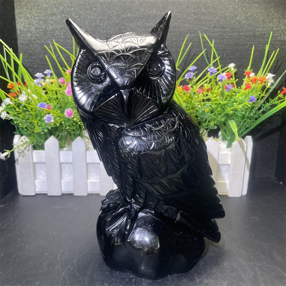 5LB 8.2″Natural Black Obsidian Owl Crystal Healing Decor Ornament Hand Carved