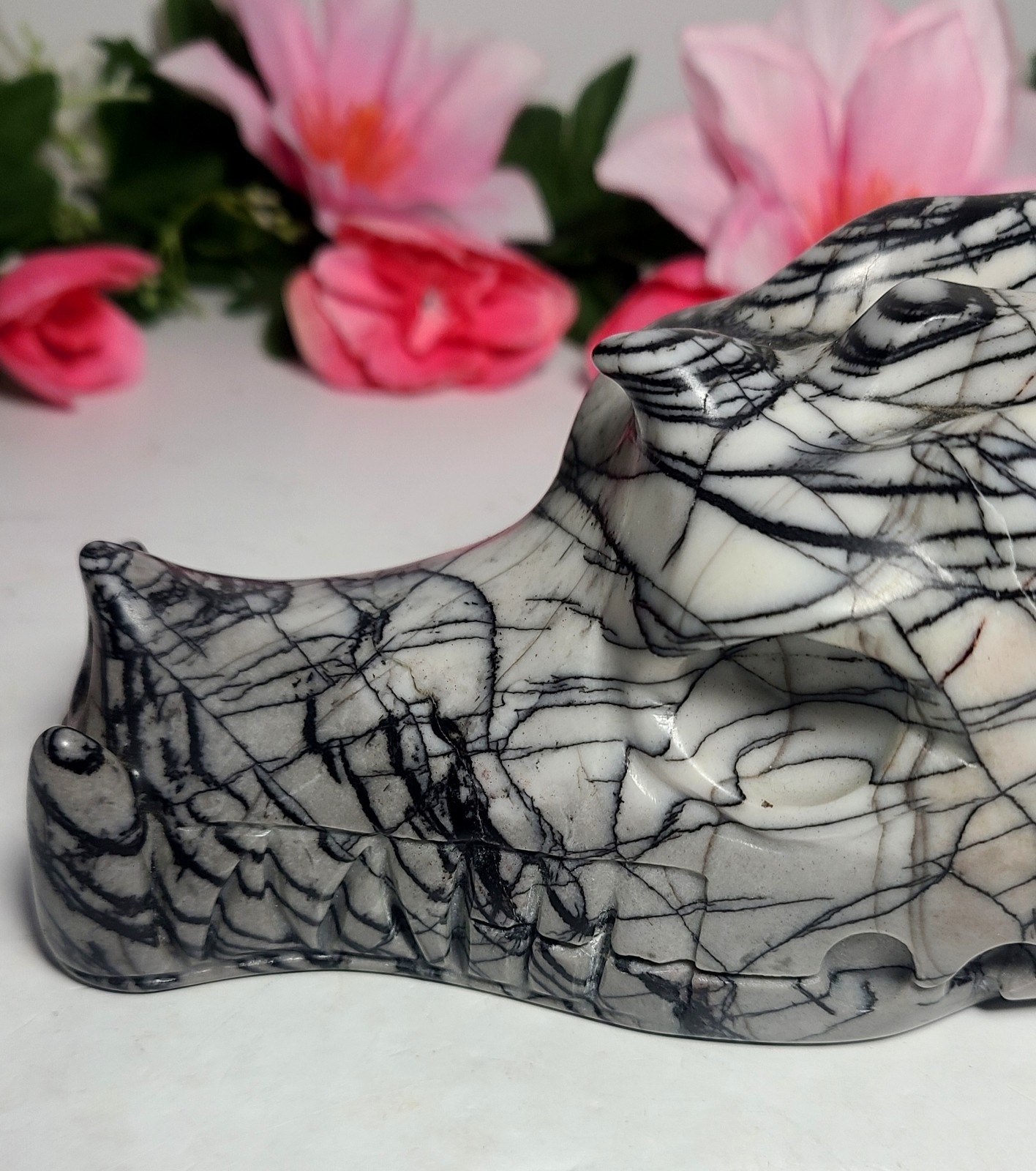 6″ 2.2 lb Elegant Picasso Jasper Dragon Head Skull Crystal Carving Stone Statue