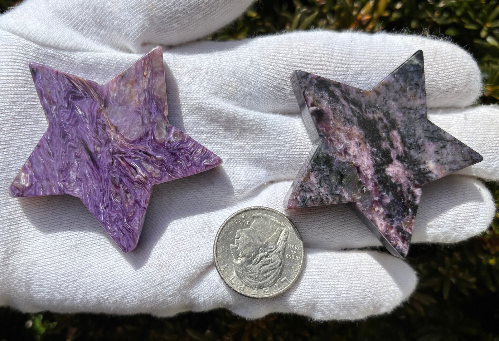 USA SALE 61g LOT 2 CHAROITE STARS STAR PALMSTONES PALMSTONE Palm Stone Stones