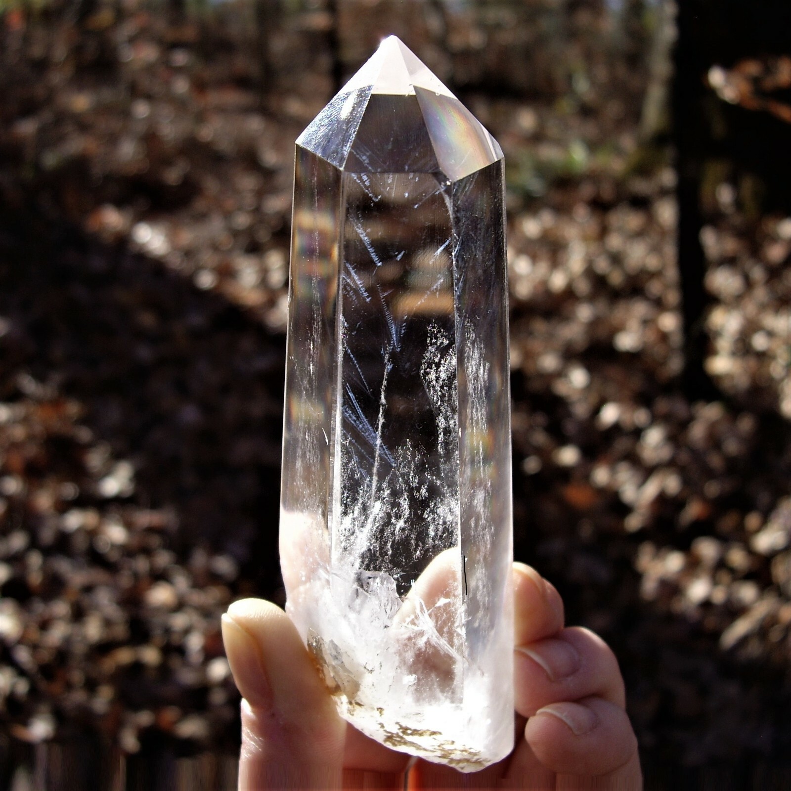 Clear Quartz Point w/Feathery Blue Internal Light Refraction Phenomena 246g