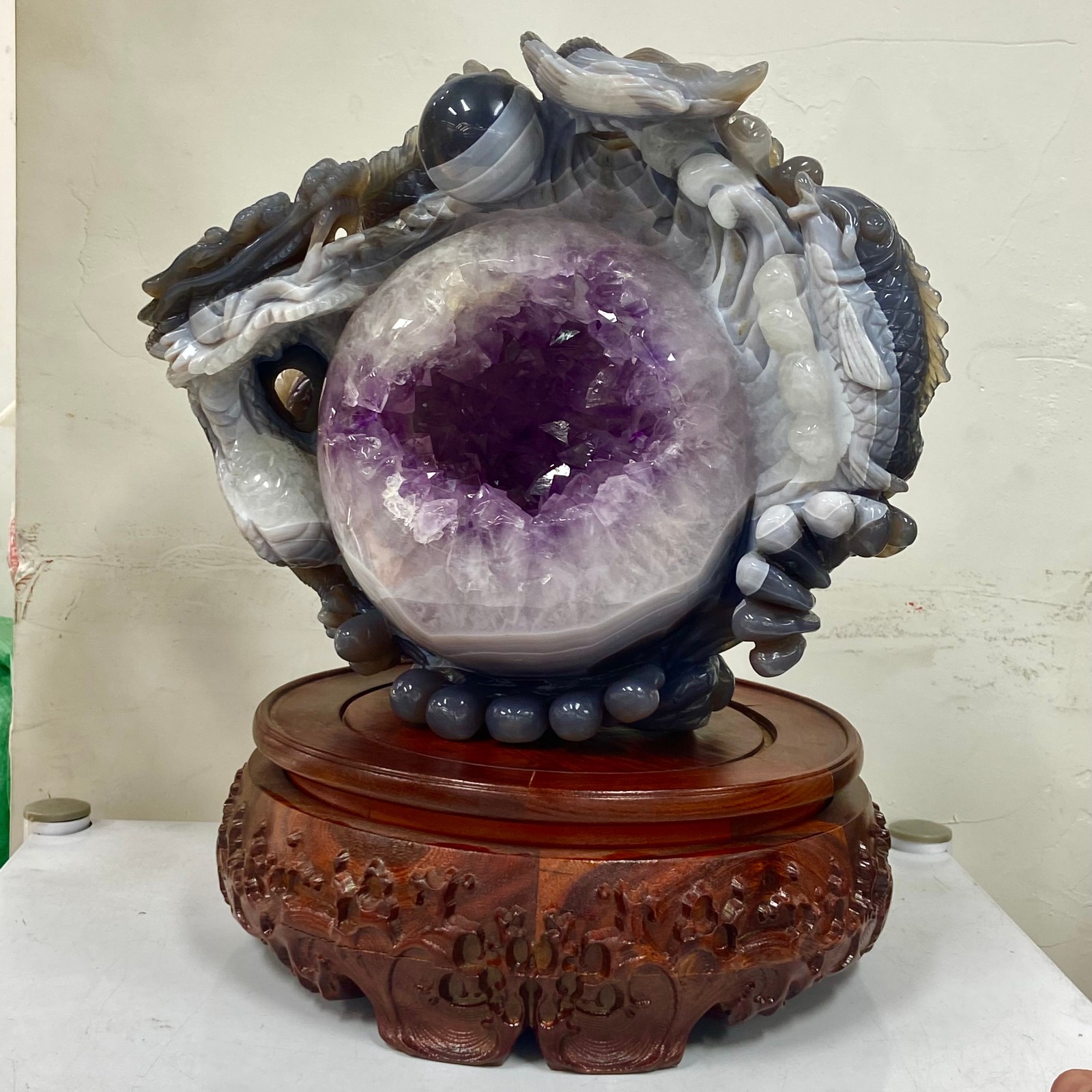 18.14LB Rare Natural Uruguay Amethyst Geode Quartz Crystal agate Carved Dragon
