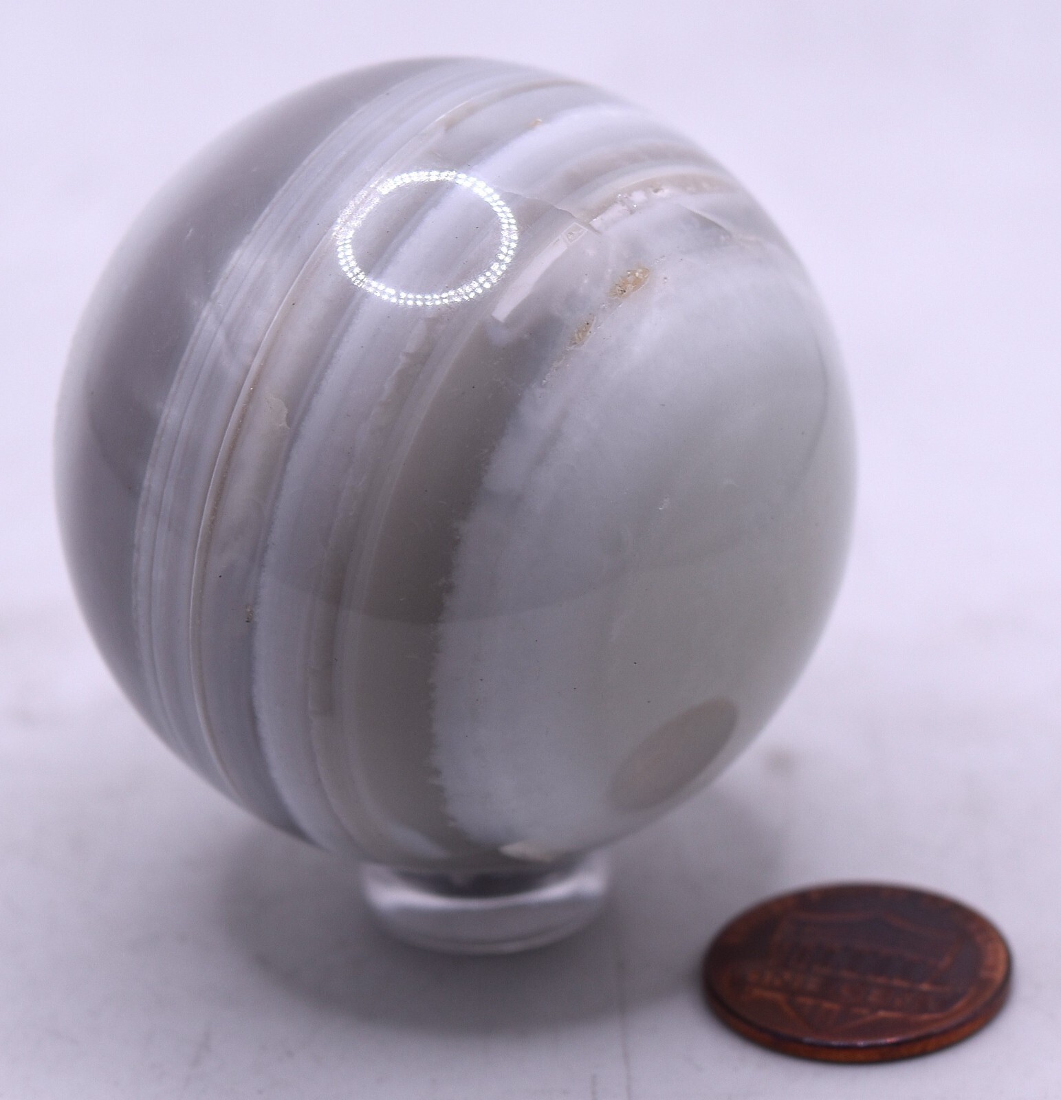 49mm Silverish White Banded Agate Sphere Polished Chalcedony Mineral India (1PC)
