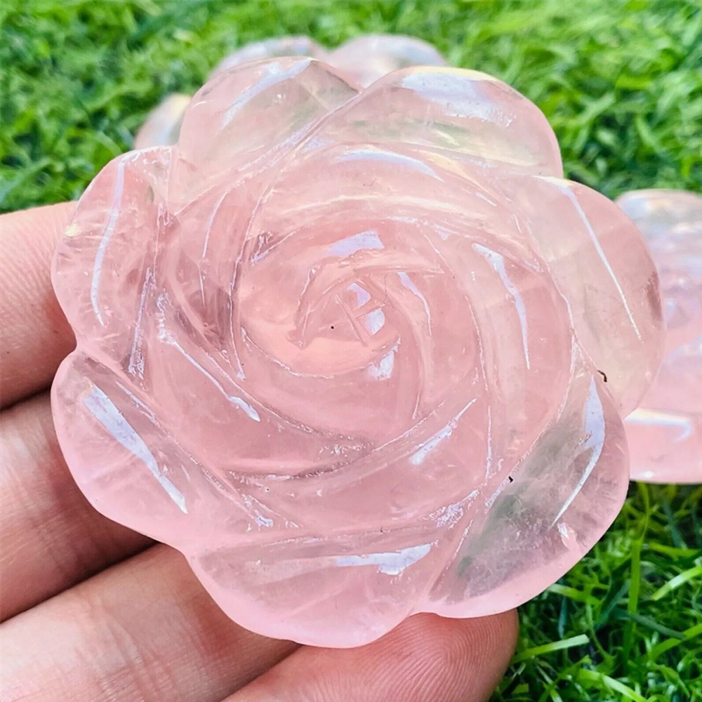 2″ Natural Pink Rose Quartz Carved Rose Flowers Crystal reiki Healing 1pc