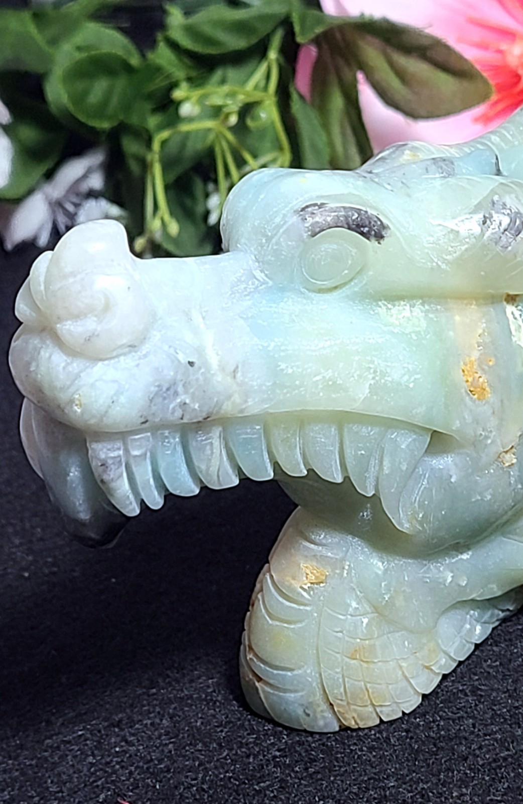 5.2″ 422g Blue Caribbean Calcite Dragon Head Crystal Skull Stone Carving Statue