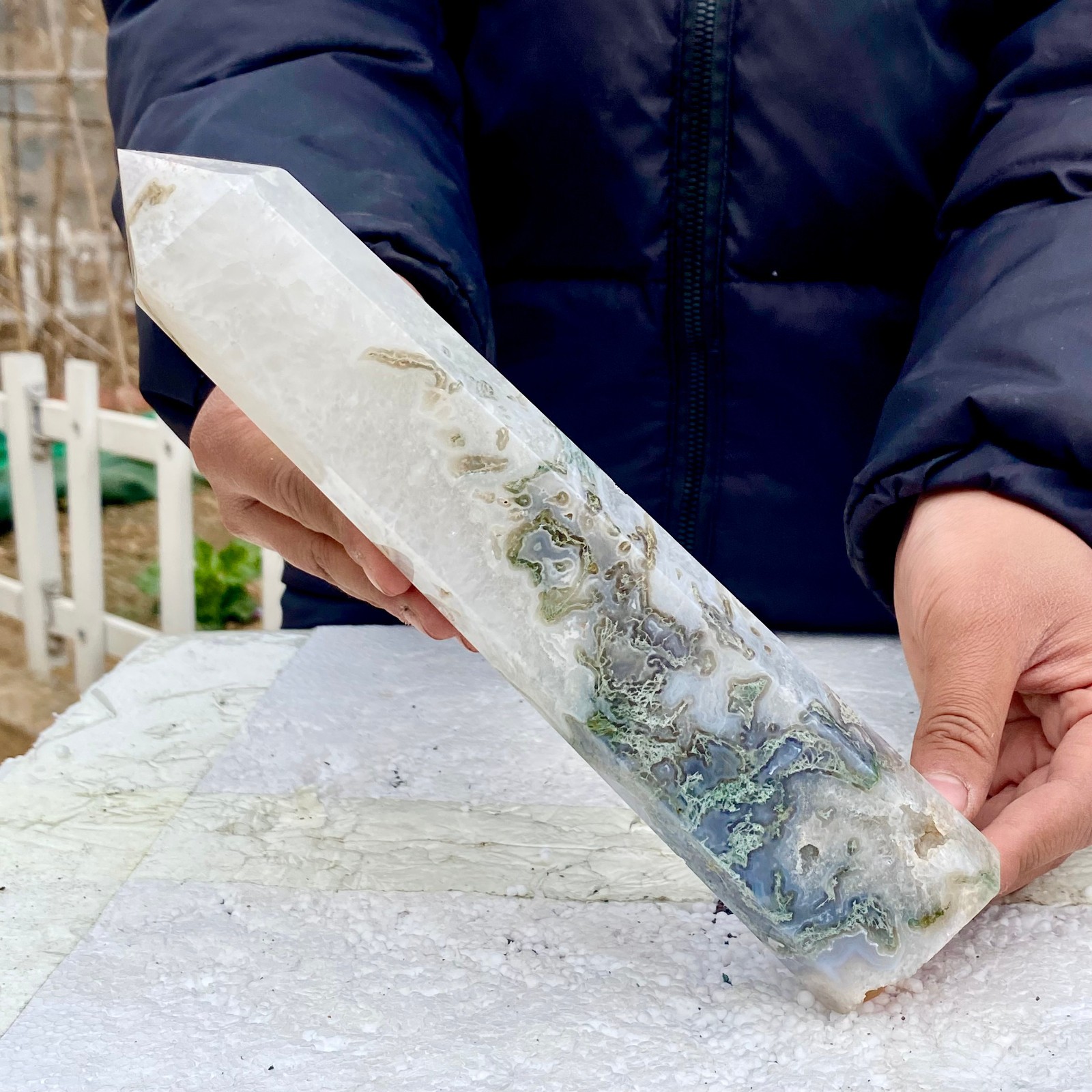 1.76LB Natural green moss agate quartz crystal obelisk aura healing