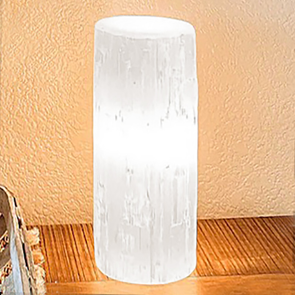 Selenite Tower Lamp Crystal Cylinder ” White Natural Light w/ LED Cord Large 12″