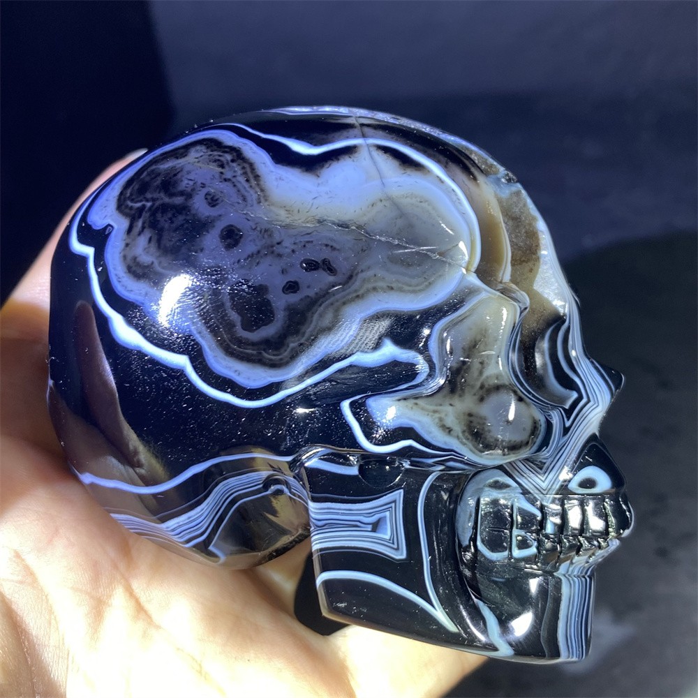 0.8LB 3.2″ A+Geode Black Sardonyx Agate Skull Statue Crystal Reiki Carving Decor