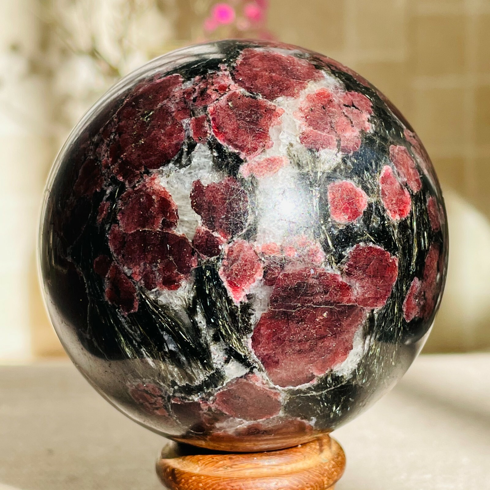 350-400g New Garnet Astrophyllite Fireworks Stone Quartz Crystal Sphere Ball