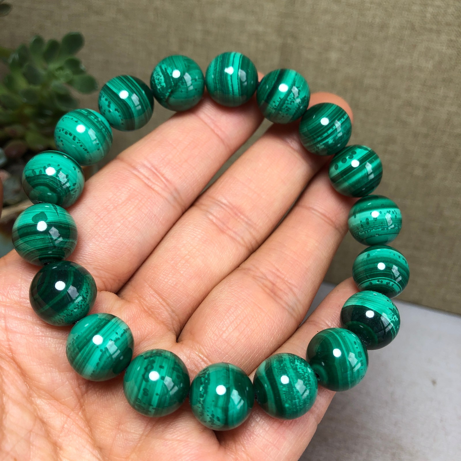 12mm Natural malachite gemstone Crystal chain beads bracelet 67g A4759