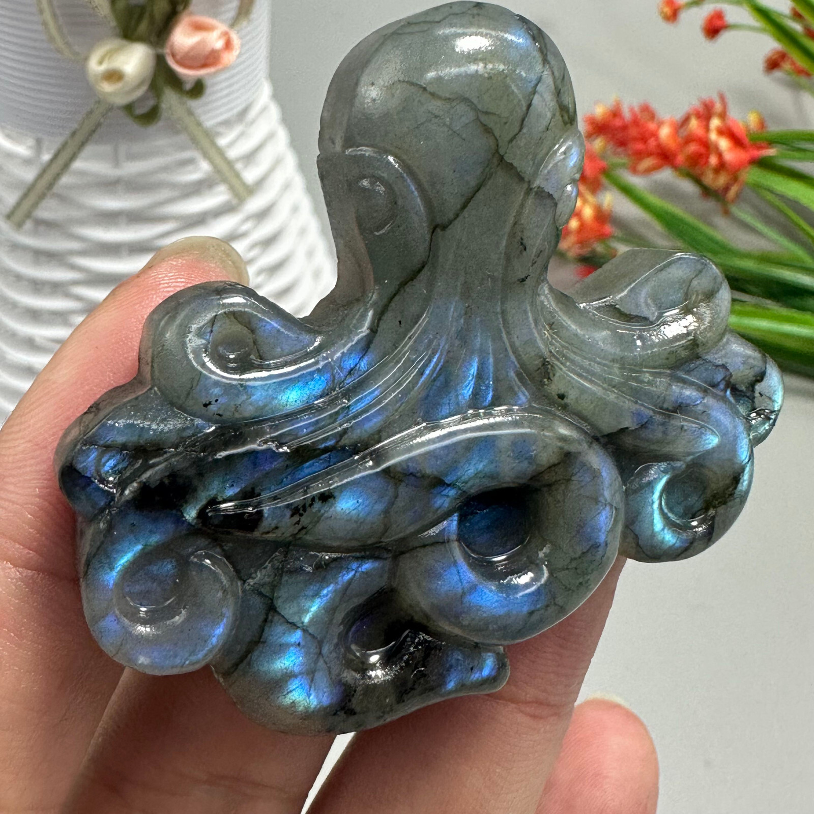 Natural Labradorite Carved OCTOPUS Quartz Skull Crystal Specimen Reiki Healing
