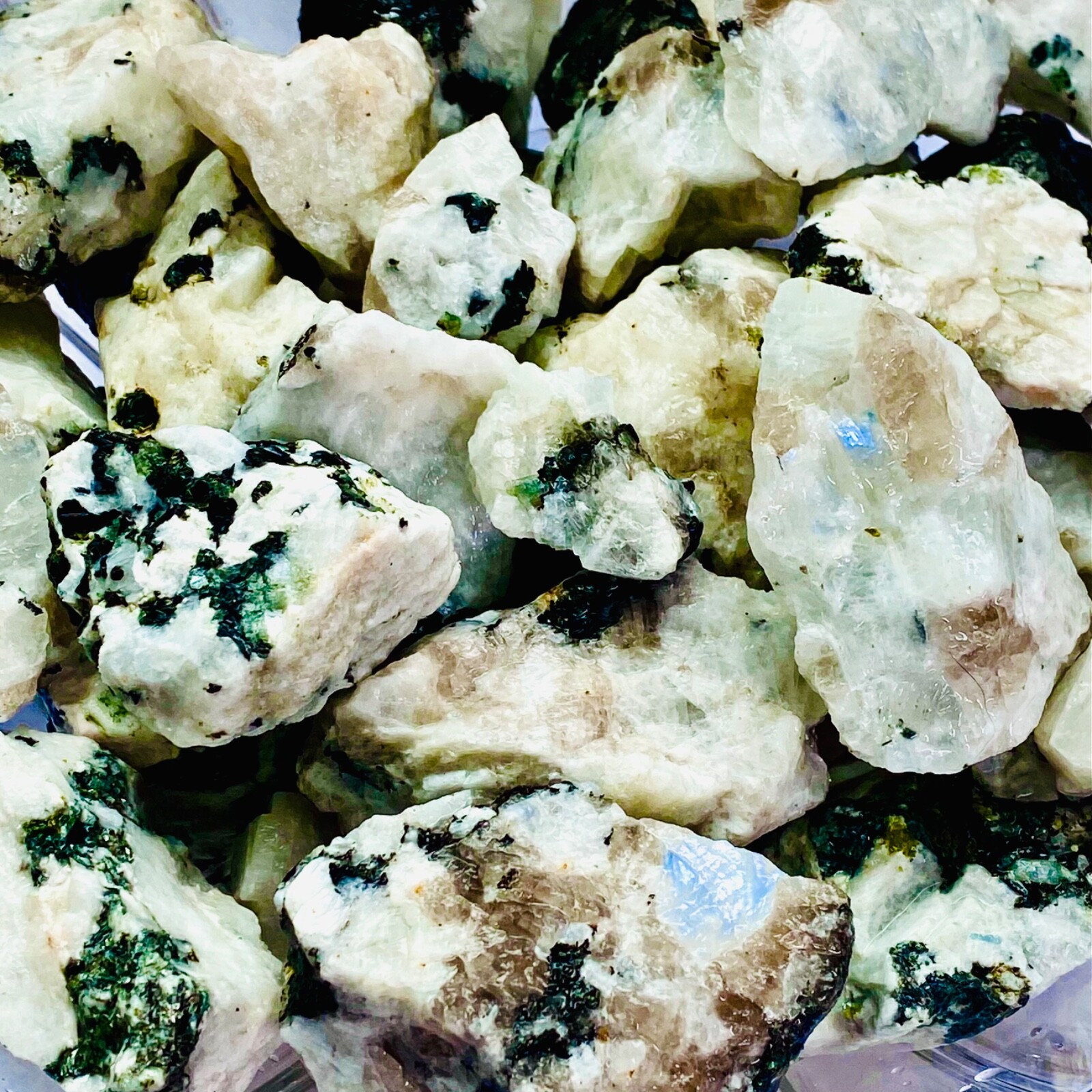 Blue White Moonstone in Quartz Black Mica Raw Natural Rough Crystal Random Pull