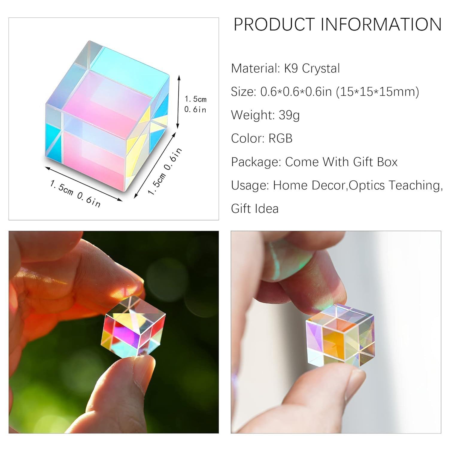 Mini K9 Crystal Glass Prism Cube,Optical Glass RGB Dispersion Prism X-Cube for P