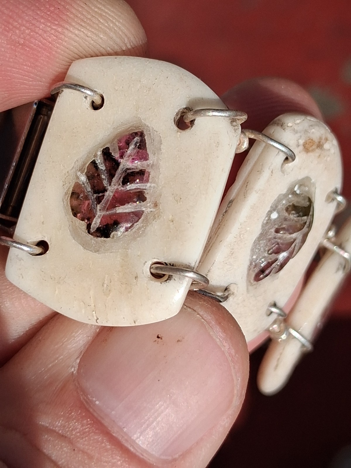 6 Inch Leaf Carved Watermelon Tourmaline In Water Buffalo Bone Bracelet