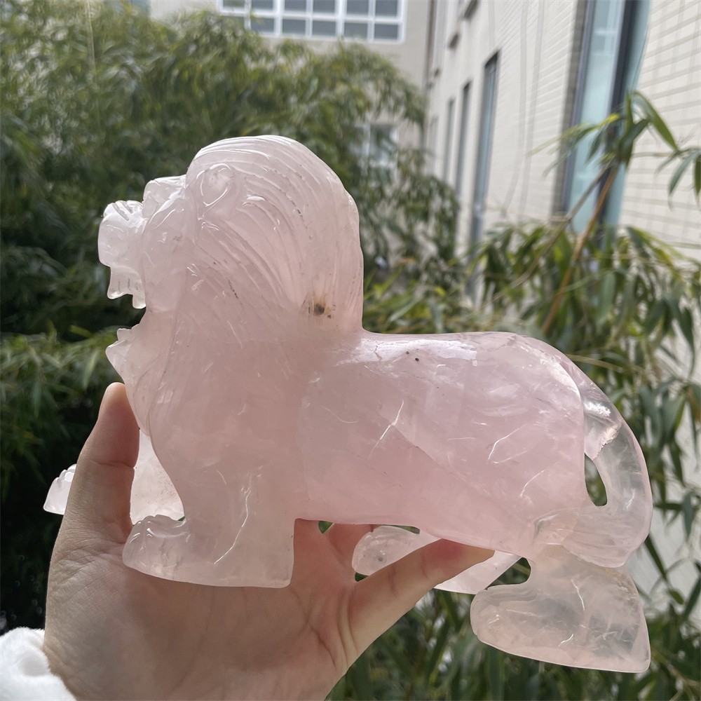 4LB 7.4″ Natural Rose Quartz Lion Statue Crystal Heal Carving Quartz Decor