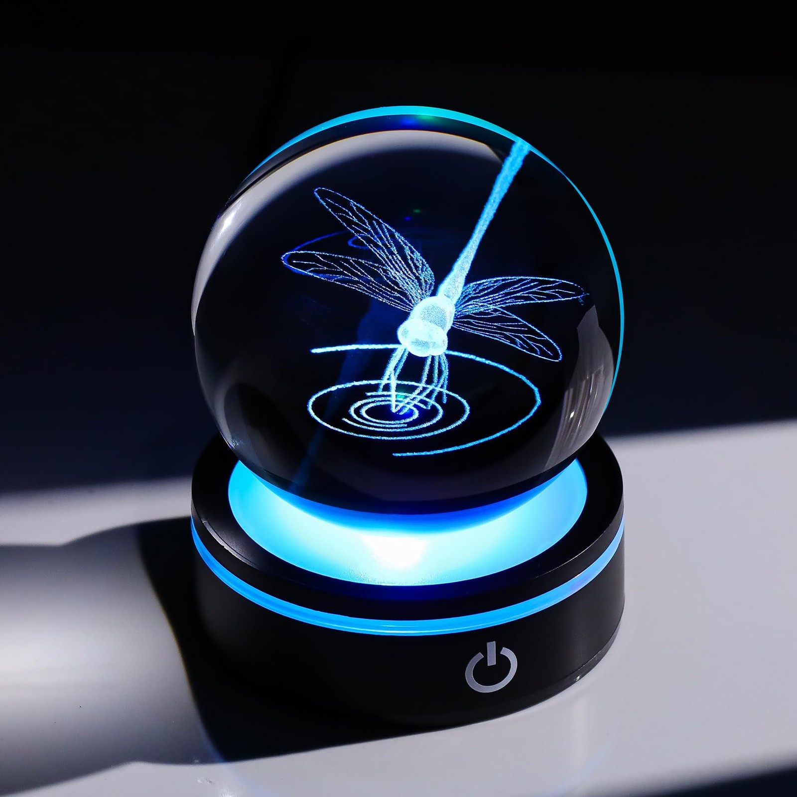 YWHL Crystal Ball 3D Dragonfly Figurine with LED Base, 3.15 inches,