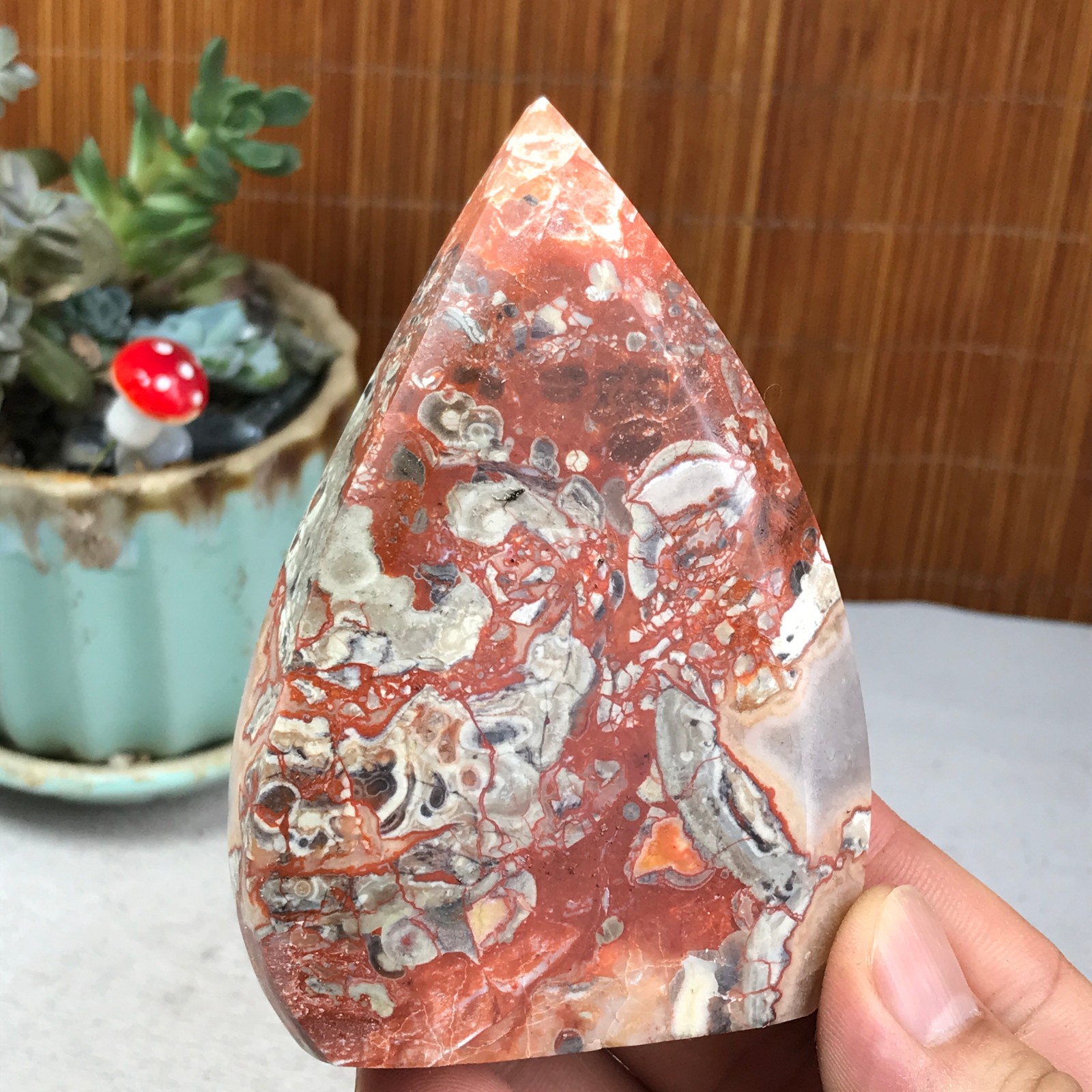 Natural money Mexico agate hand carve leaf Crystal Specimen free standing A6257