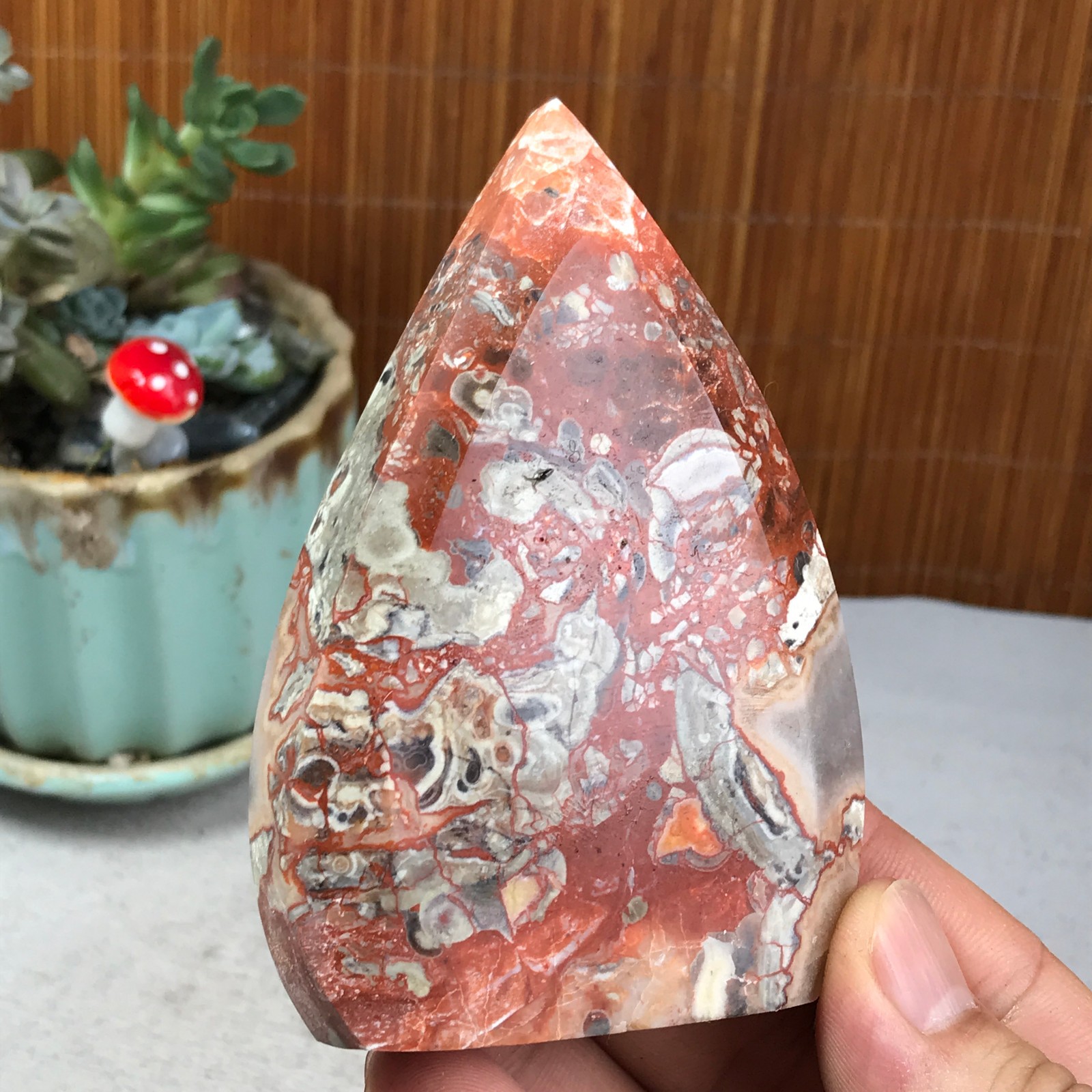Natural money Mexico agate hand carve leaf Crystal Specimen free standing A6257