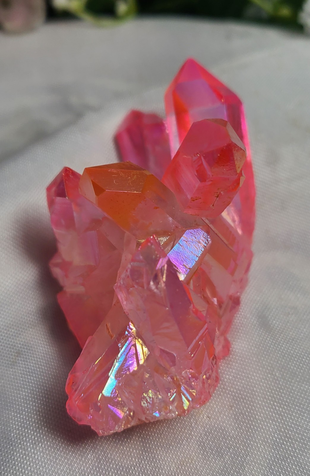 2.6″ 65g Beautiful Brazilian Pink Rainbow Aura Quartz Crystal Cluster Point