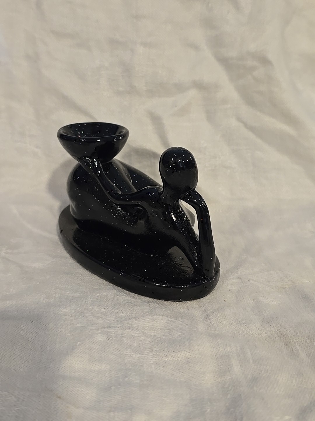 Art Deco Female Fluid Form Crystal Ball Sphere Holder Black Sparkle Carved Resin