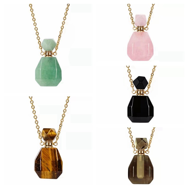 Natural Quartz Gemstone Perfume Bottles Pendant Chakra Healing Crystal Necklace