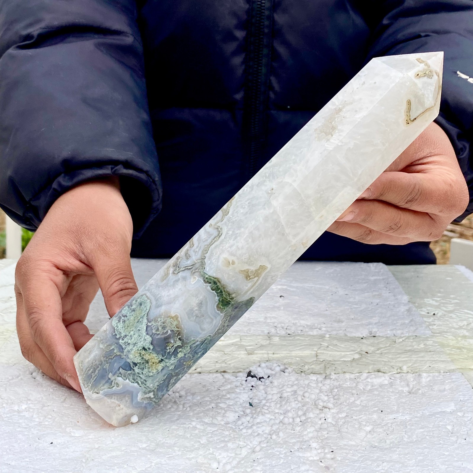 1.76LB Natural green moss agate quartz crystal obelisk aura healing