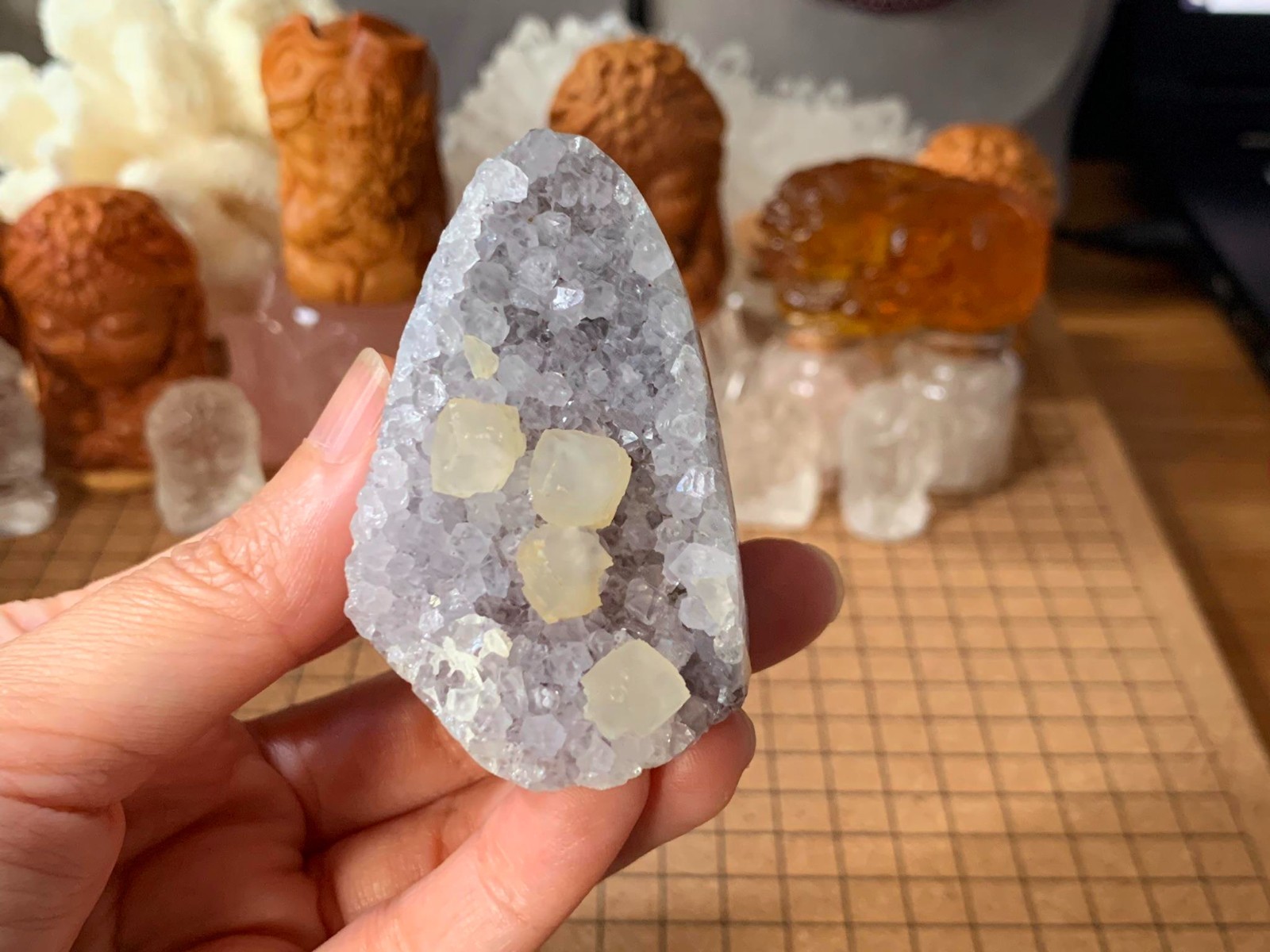 Small Amethyst & Calcite Cut Geode Quartz Crystal Cluster – 90 Grams (#185)