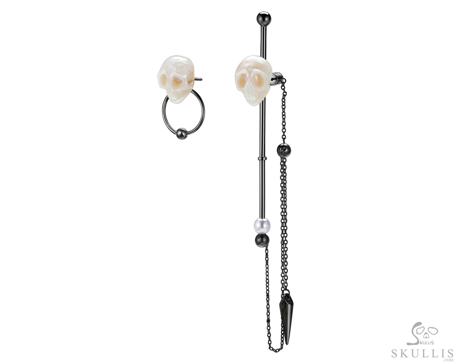 Pearl Hand Carved Crystal Skull Earrings, Skull Jewelry