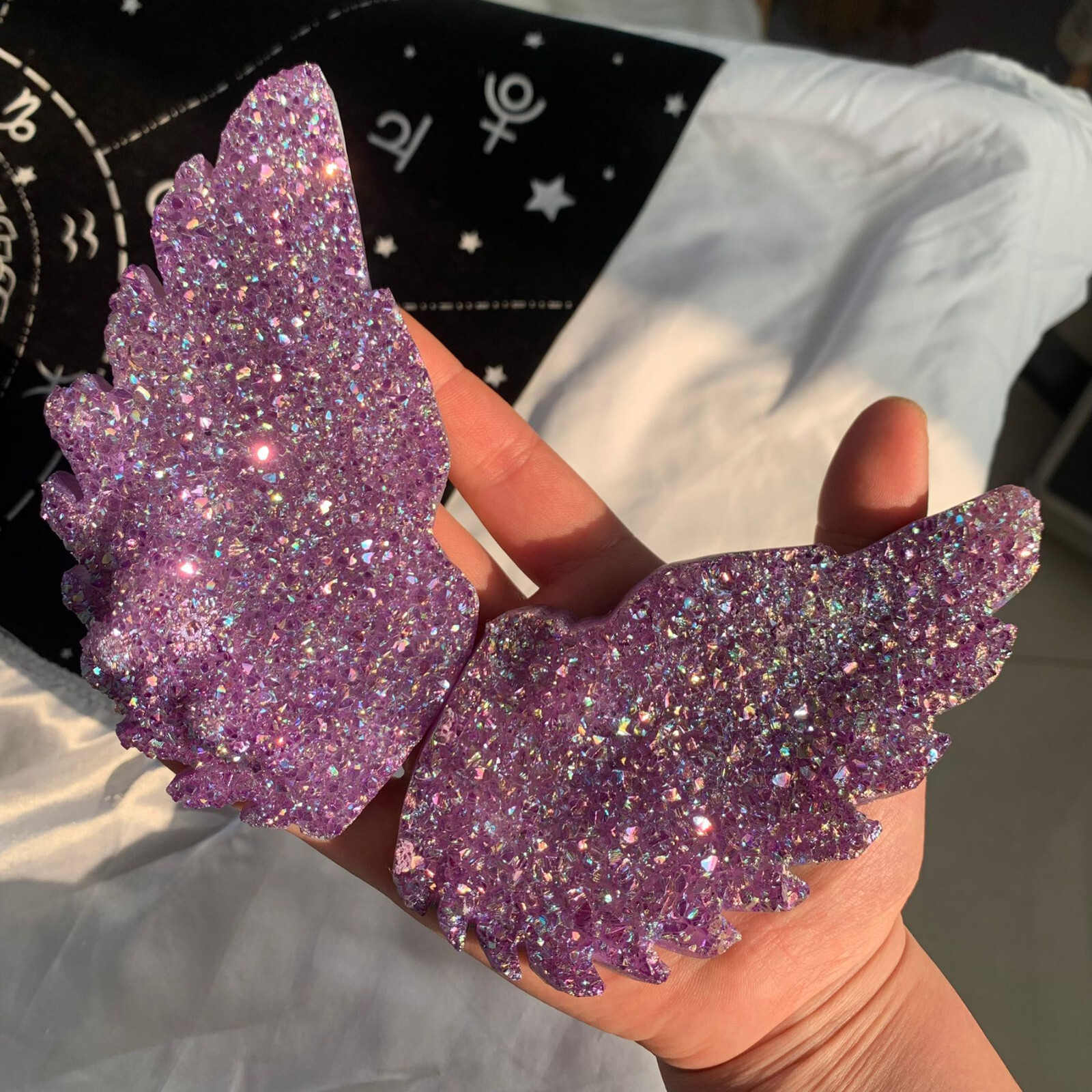 449g Titanium Angel Aura Amethyst Cluster Wings Carving Quartz Crystal+Stand