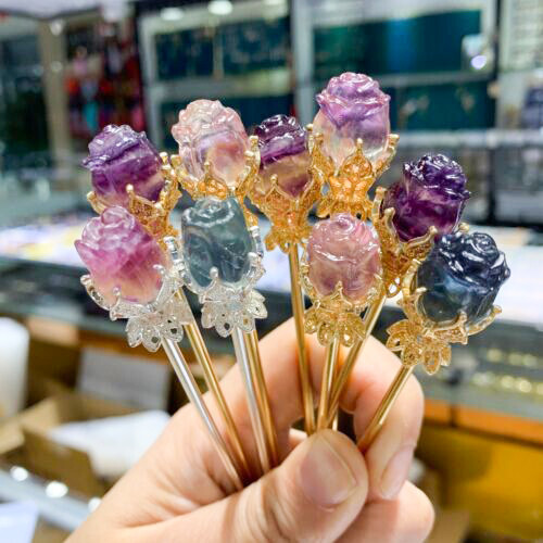 5pc Natural Fluorite Quartz Carving Rose Flower Skull crystal Reiki healing Gift
